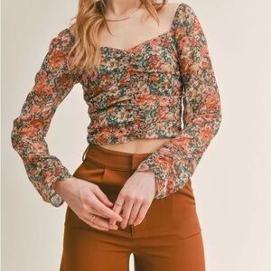 Altar’D State Maroon Burgundy Dark Floral Balloon Sleeve Cropped Shirt Blouse SM